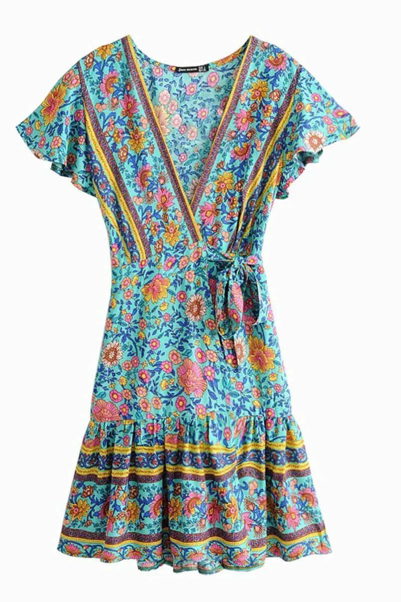 Women's Green Floral Mini Dress-MODAUTLET