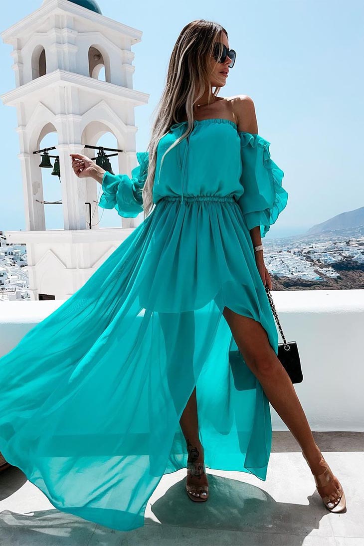 Vestido Maxi Boho Feminino em Laranja e Turquesa