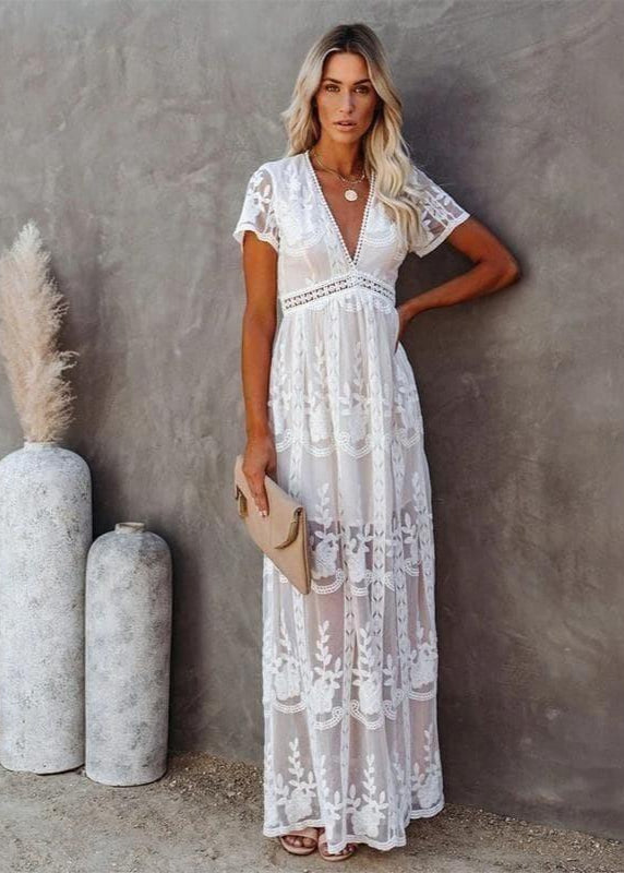Women's White Lace Maxi Dress-MODAUTLET