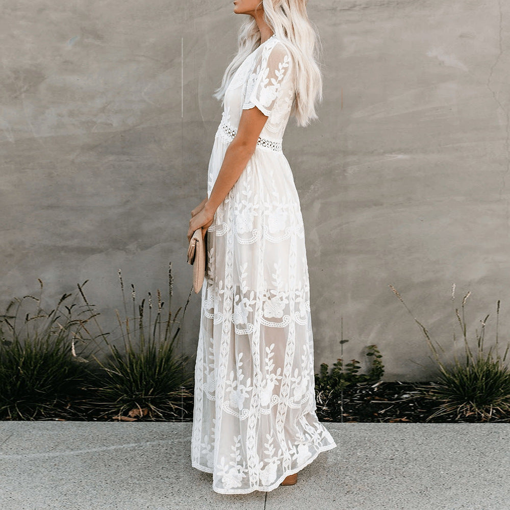 Women's White Lace Maxi Dress-MODAUTLET
