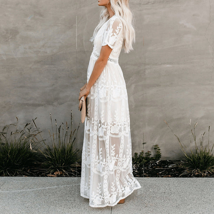 Women's White Lace Maxi Dress-MODAUTLET