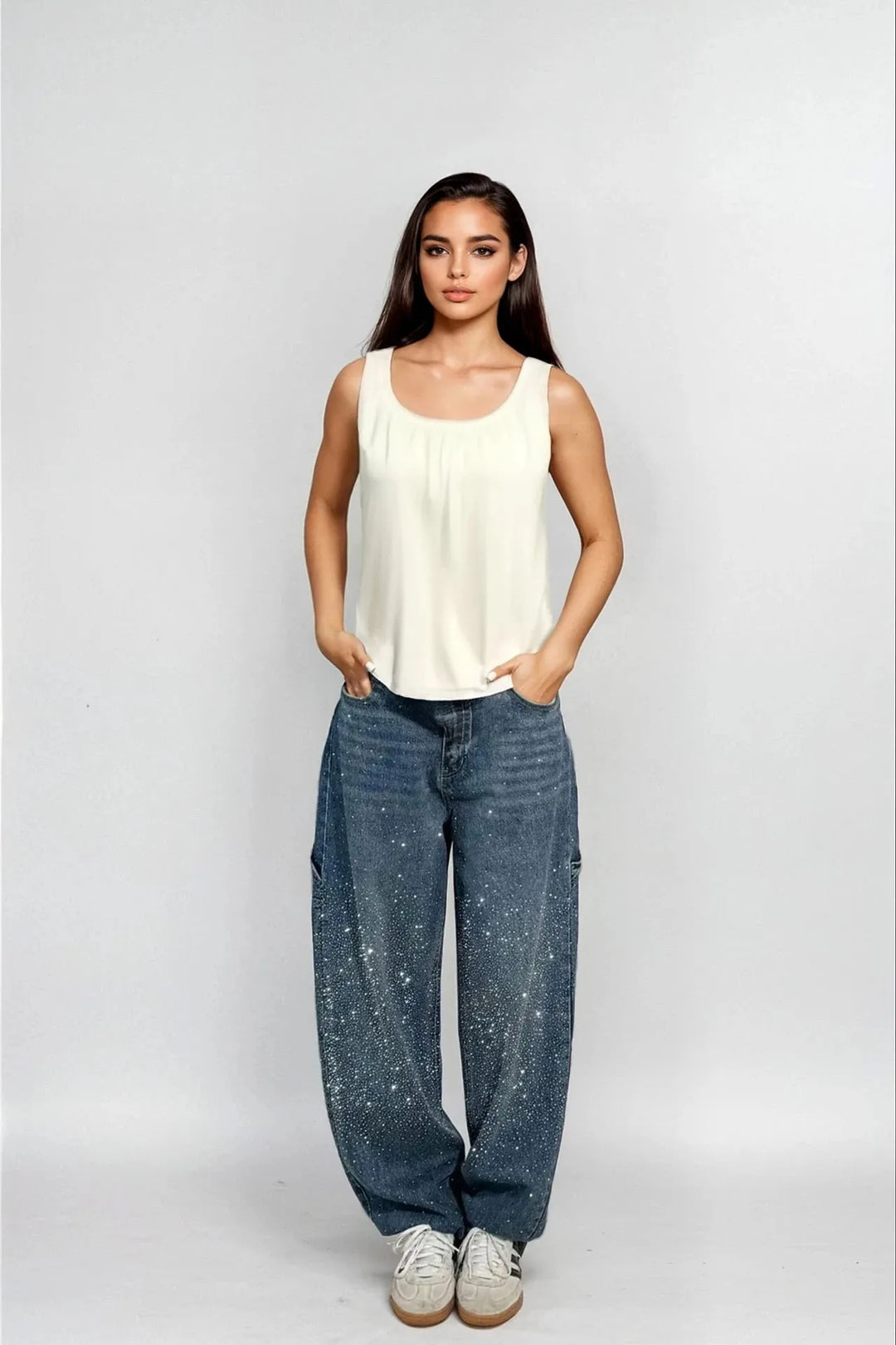 Rhinestone Wide Leg Jeans Sparkling Denim Glam Fashion-MODAUTLET