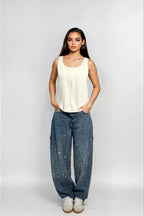 Rhinestone Wide Leg Jeans Sparkling Denim Glam Fashion