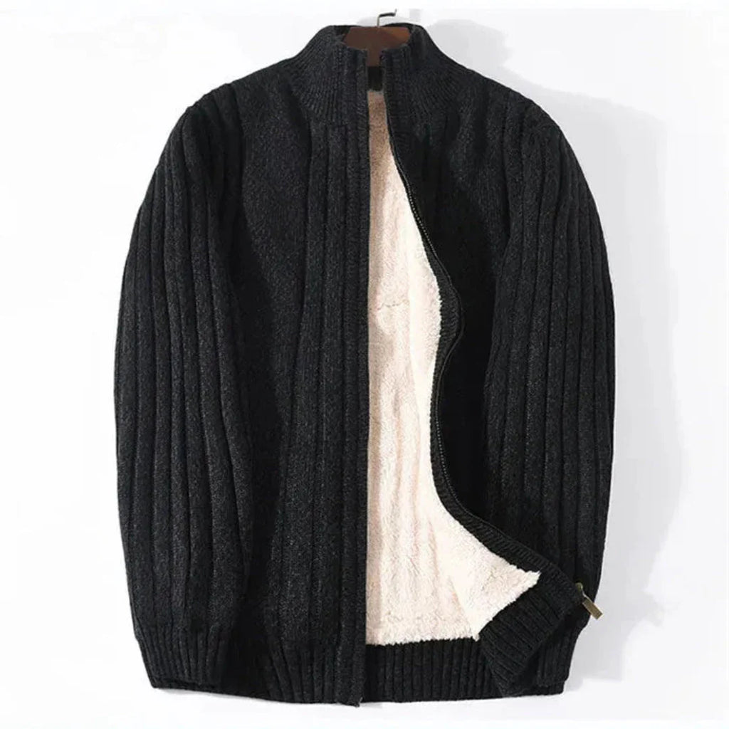 Men's Full-Zip Knitted Fleece-Lined Cardigan Black