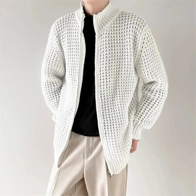 Waffle Knit Full-Zip Sweater for Men White