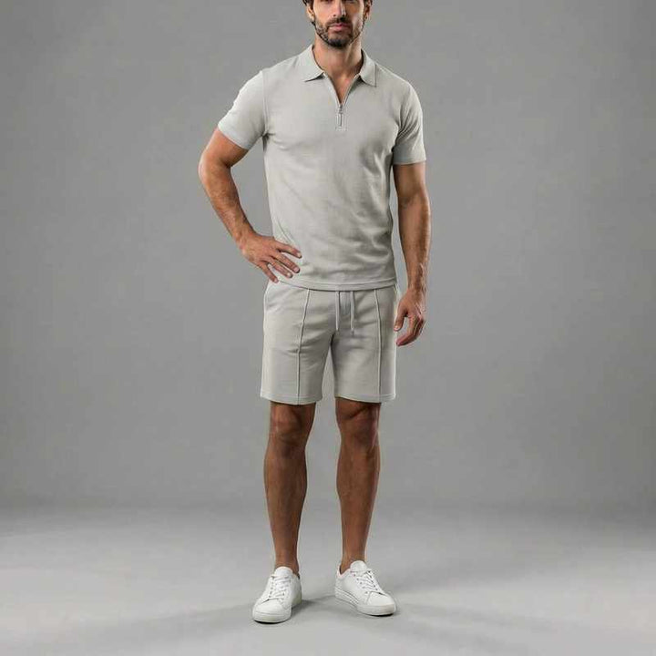 Brandon | Men's Cotton Zip Collar Polo and Drawstring Shorts Set-MODAUTLET