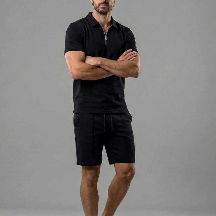 Brandon | Men's Cotton Zip Collar Polo and Drawstring Shorts Set-MODAUTLET