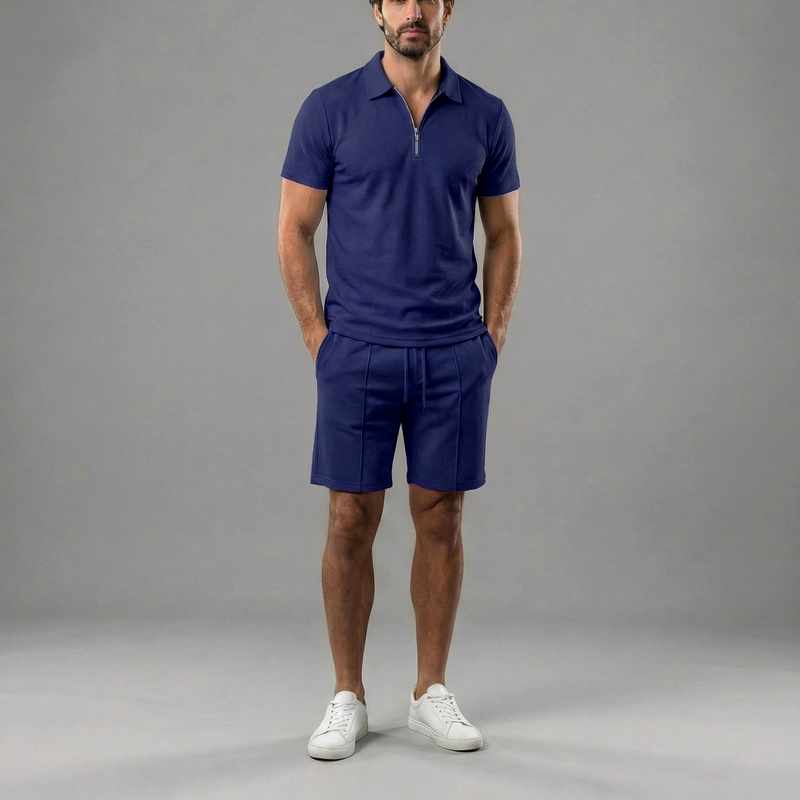 Brandon | Men's Cotton Zip Collar Polo and Drawstring Shorts Set-MODAUTLET