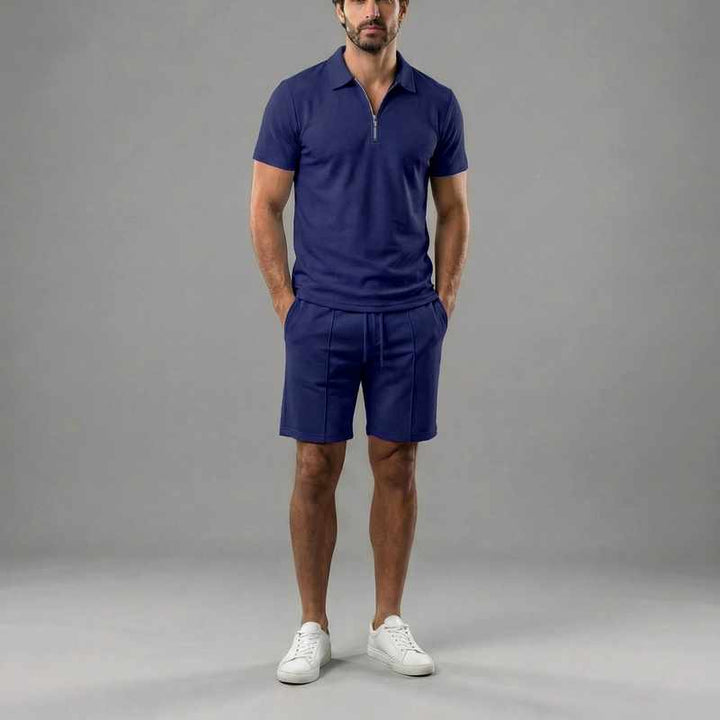 Brandon | Men's Cotton Zip Collar Polo and Drawstring Shorts Set-MODAUTLET
