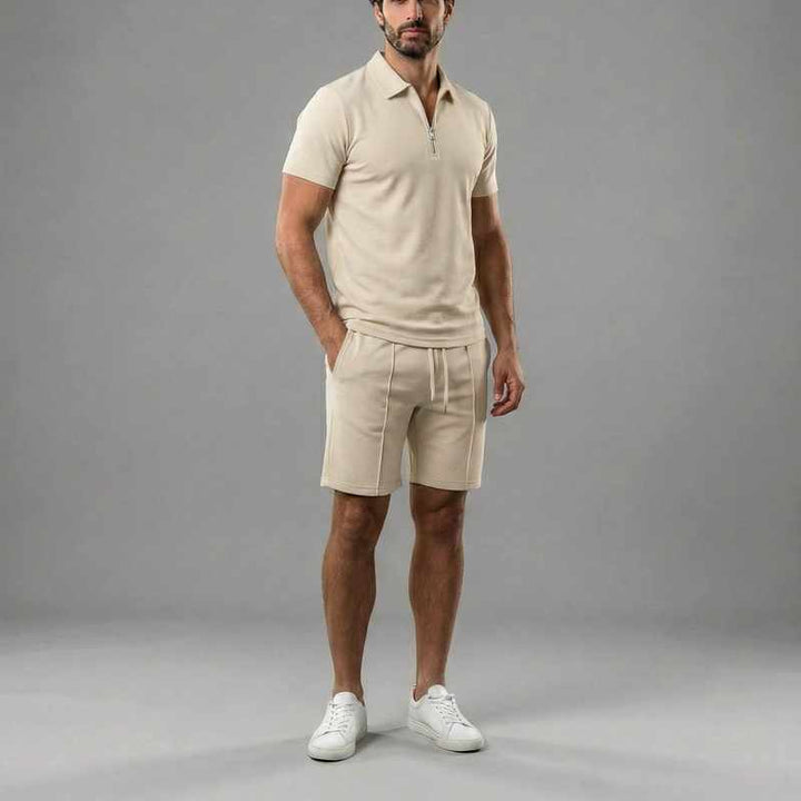 Brandon | Men's Cotton Zip Collar Polo and Drawstring Shorts Set-MODAUTLET