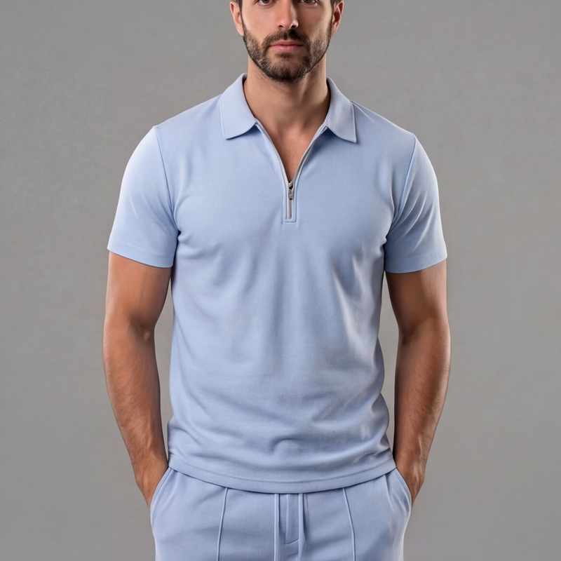 Brandon | Men's Cotton Zip Collar Polo and Drawstring Shorts Set-MODAUTLET