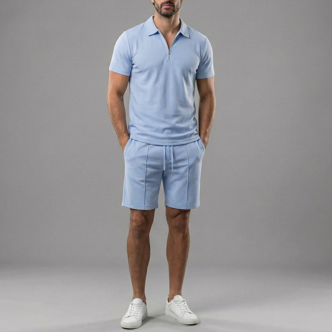 Brandon | Men's Cotton Zip Collar Polo and Drawstring Shorts Set-MODAUTLET