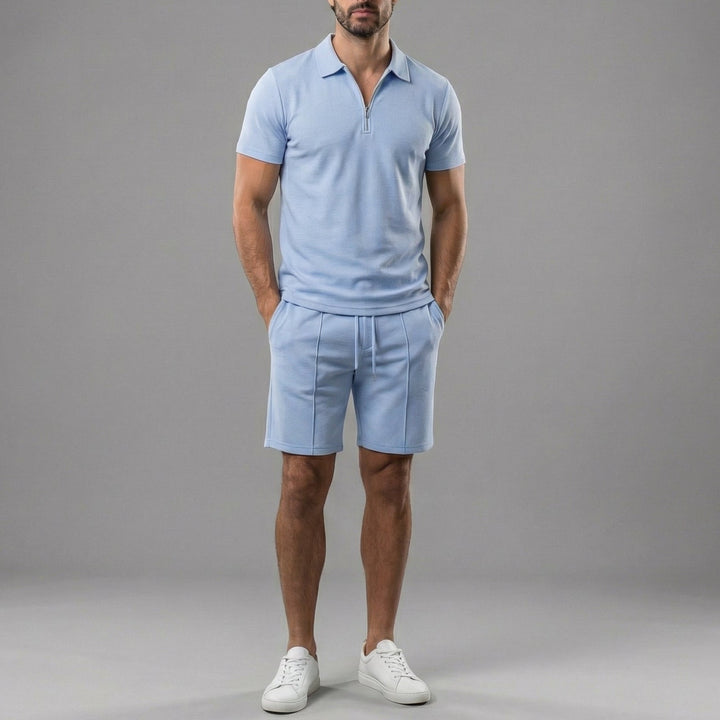 Brandon | Men's Cotton Zip Collar Polo and Drawstring Shorts Set-MODAUTLET