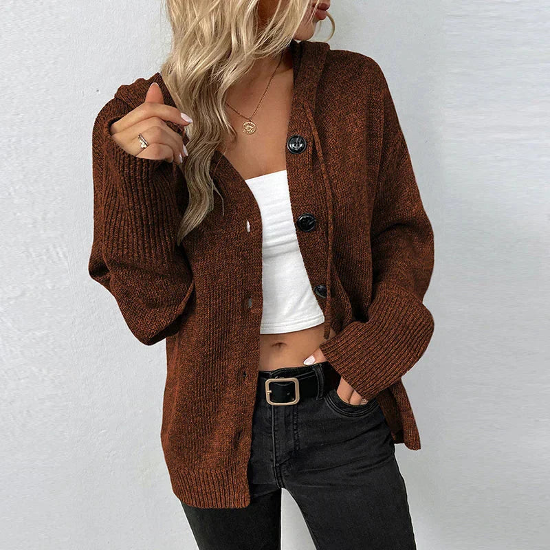 Lightweight Knit Hooded Cardigan for Women - Cozy & Warm Everyday Wear Brown