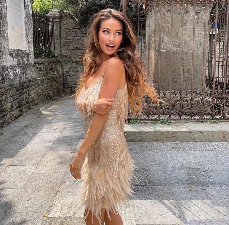 Women's Mini Cocktail Dress with Beaded Fringe and Feathers – Elegant & Stunning-MODAUTLET