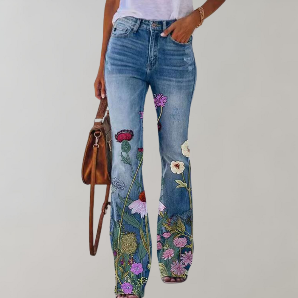 Women's Floral Embroidered Jeans Red flower