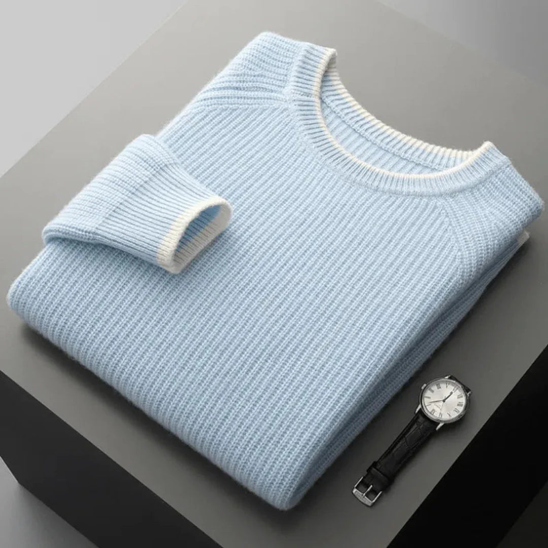 Ribbed Crewneck Wool Sweater Blue