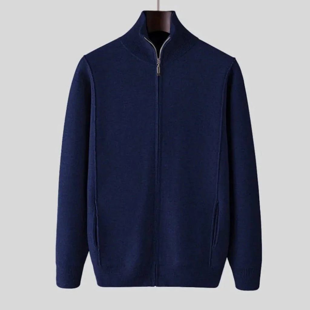 Full-Zip Wool Sweater for Men Navy Blue