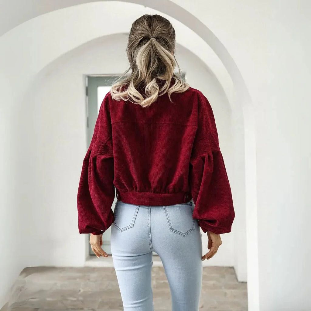 Cropped Balloon Sleeve Corduroy Jacket