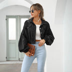 Cropped Balloon Sleeve Corduroy Jacket Black