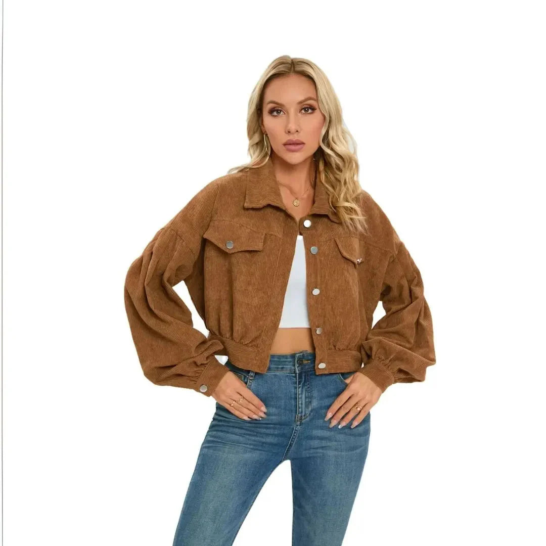 Cropped Balloon Sleeve Corduroy Jacket Brown