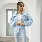 Cropped Balloon Sleeve Corduroy Jacket Light Blue