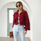 Cropped Balloon Sleeve Corduroy Jacket Burgundy