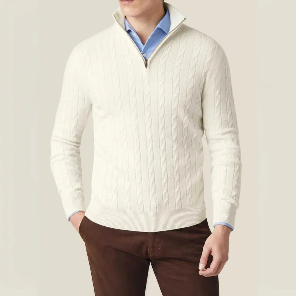 Quarter Zip Cable Knit Sweater White