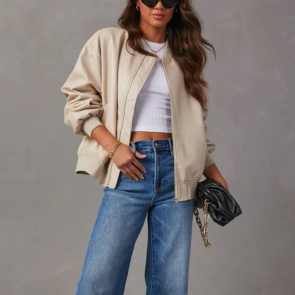 Casual Leather Jacket For Women Everyday Wear Warm Lined Beige