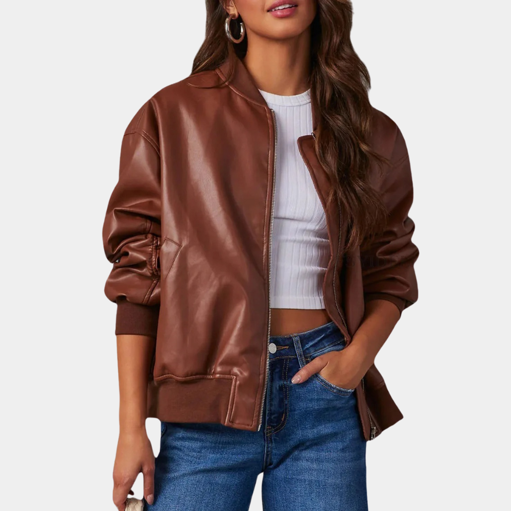 Casual Leather Jacket For Women Everyday Wear Warm Lined Brown