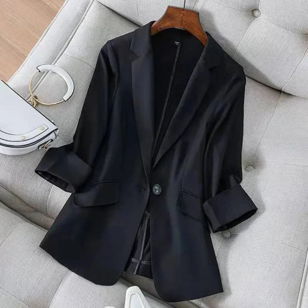 3/4 Sleeve Linen Blazer for Effortless Style Black
