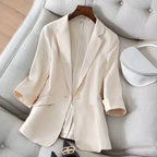 3/4 Sleeve Linen Blazer for Effortless Style Beige