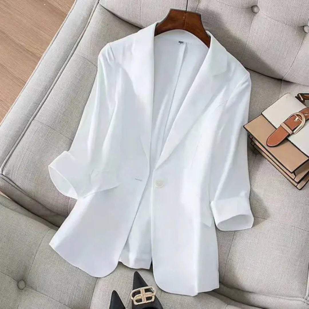 3/4 Sleeve Linen Blazer for Effortless Style White