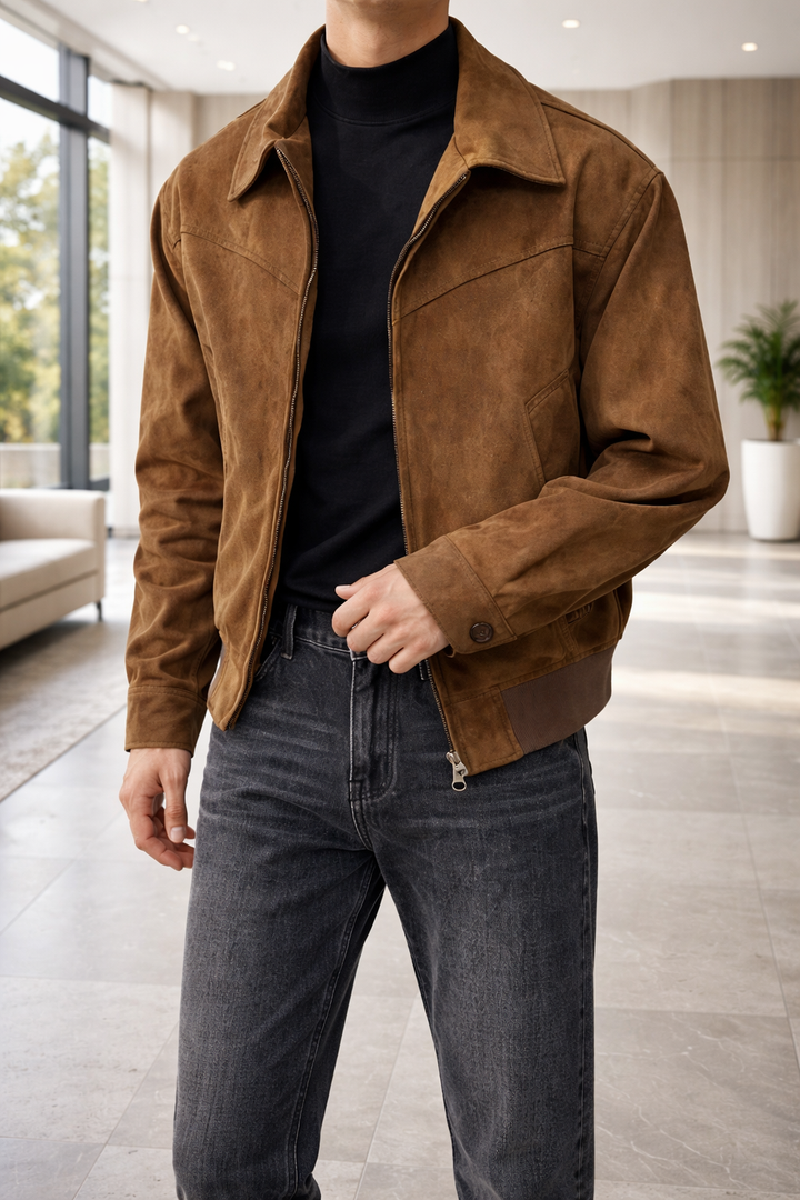 Veste en daim pour homme avec fermeture éclair sur le devant