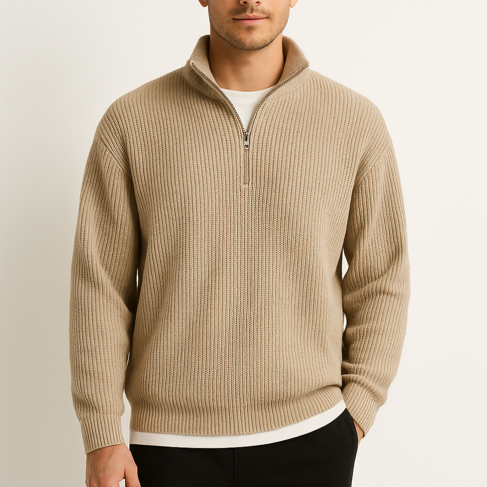 Men's Ribbed Half-Zip Pullover Sweater with Stand-Up Collar Beige