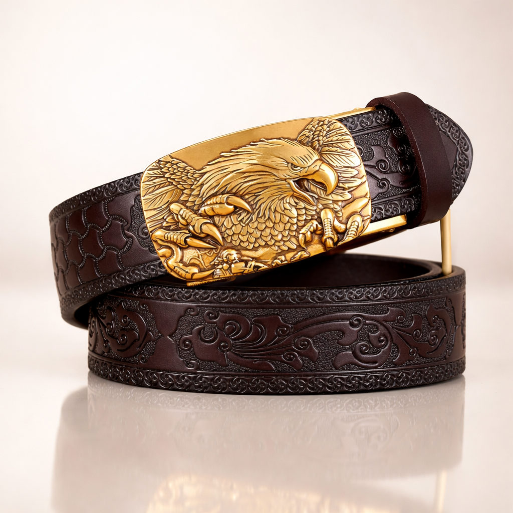 Premium Black Cowhide Leather Belt Coffee & Golden