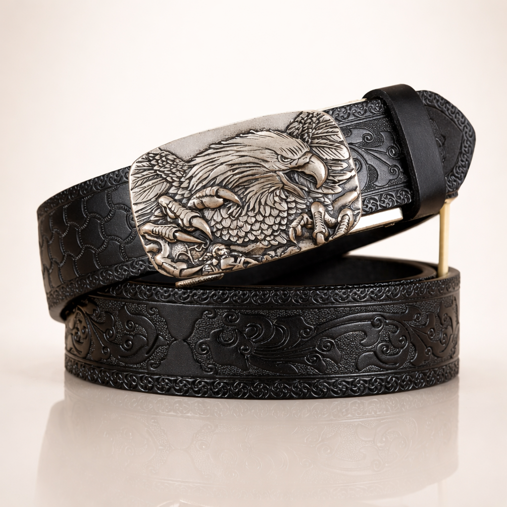 Premium Black Cowhide Leather Belt Black & Silver