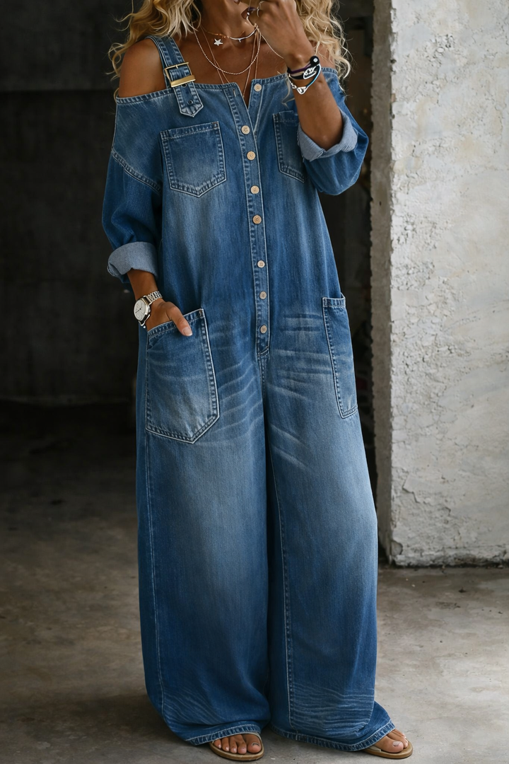 Sophia | Denimjumpsuit til kvinder med bare skuldre for et stilfuldt look