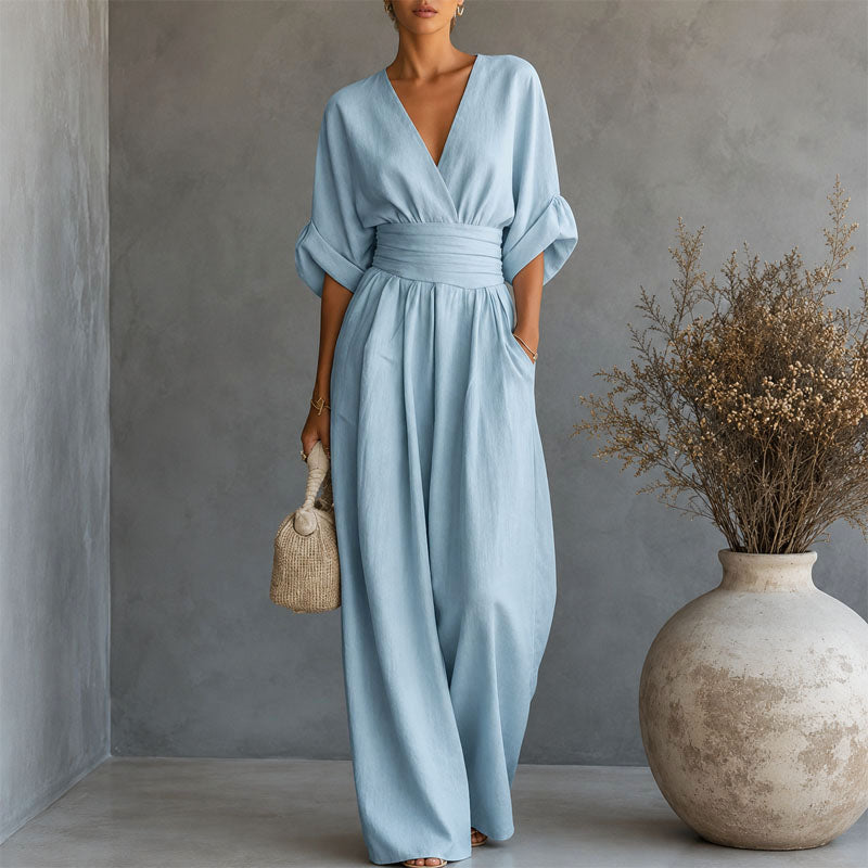 Cheryl | Women's Draped Waist Wide-Leg Jumpsuit-MODAUTLET