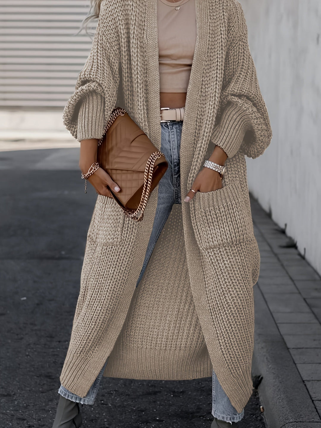 Chic Midi Knit Pocket Cardigan Khaki