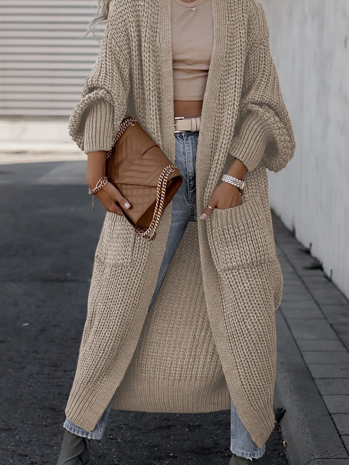 Chic Midi Knit Pocket Cardigan Khaki