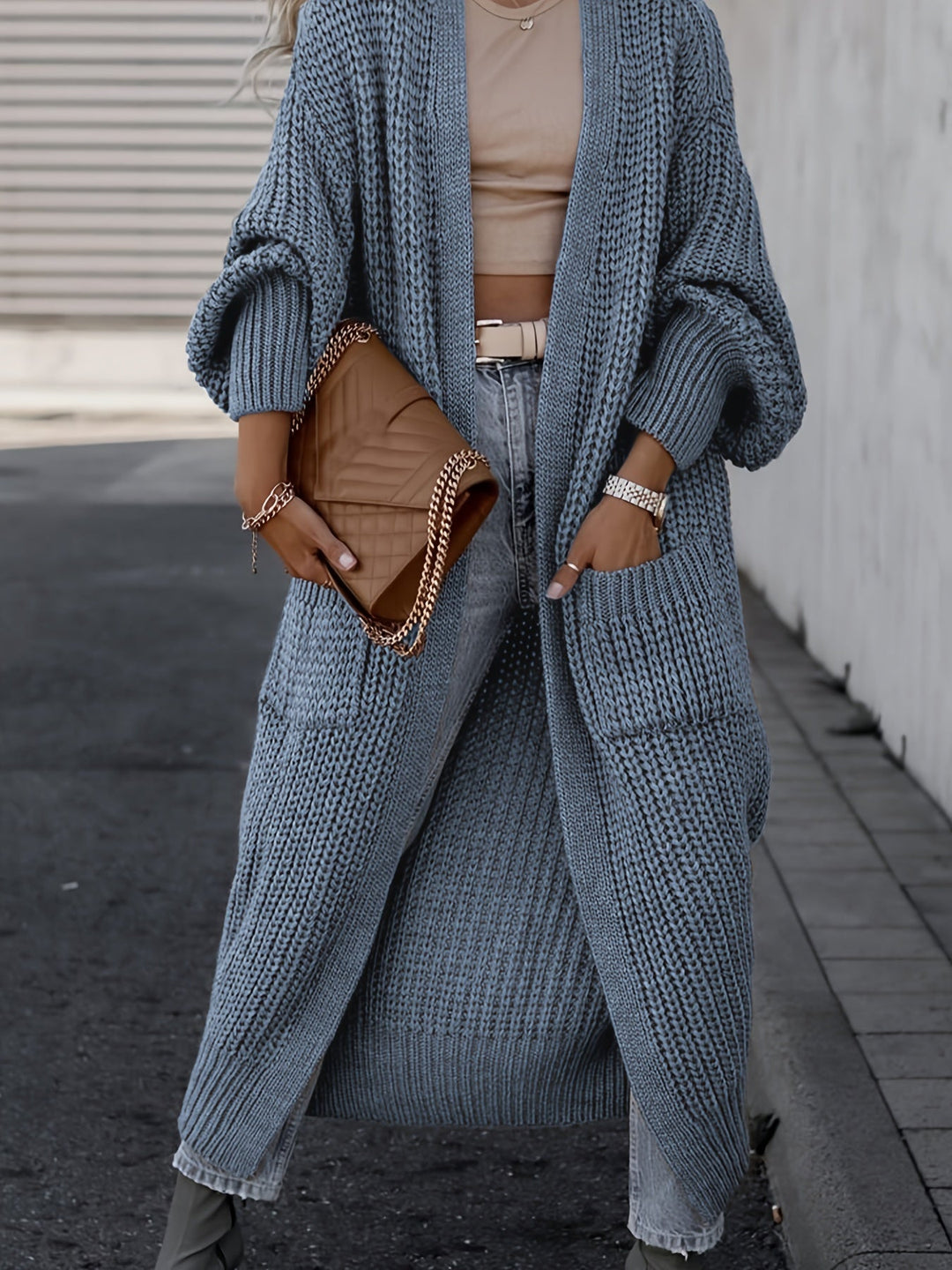 Chic Midi Knit Pocket Cardigan Blue