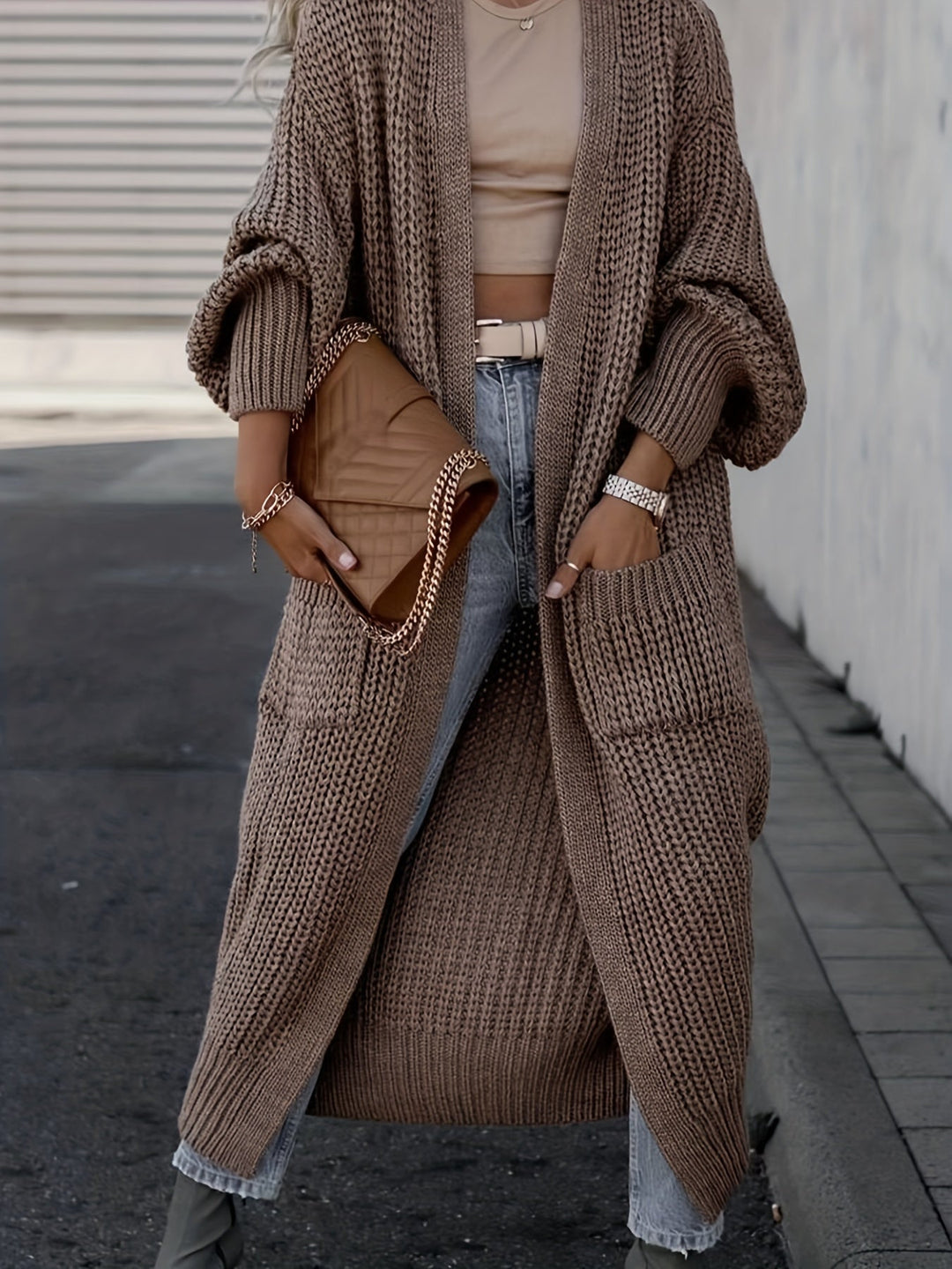 Chic Midi Knit Pocket Cardigan Coffee Brown