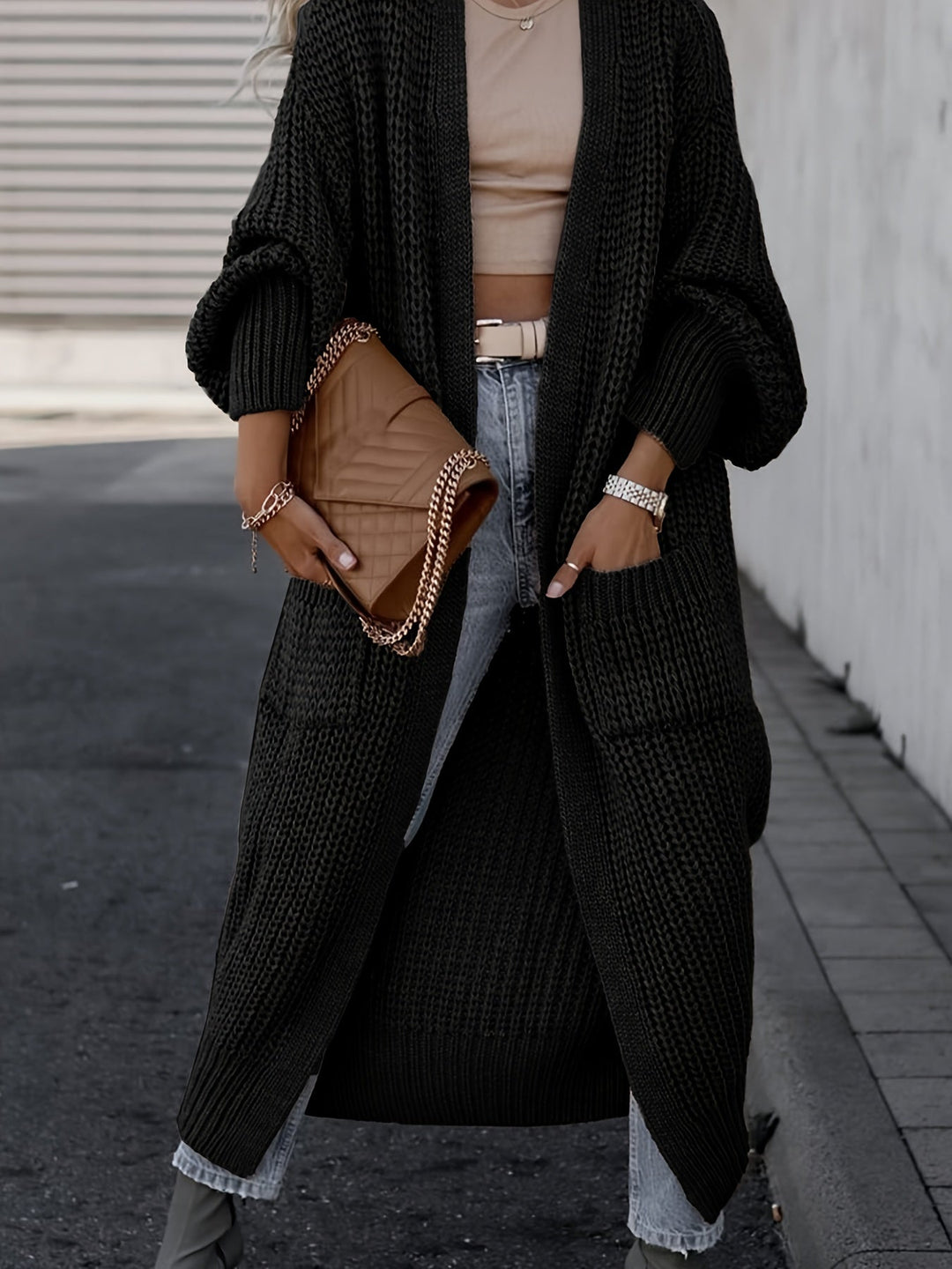Chic Midi Knit Pocket Cardigan Black