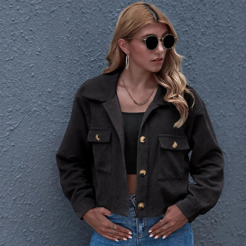 Cropped Corduroy Collared Jacket Black