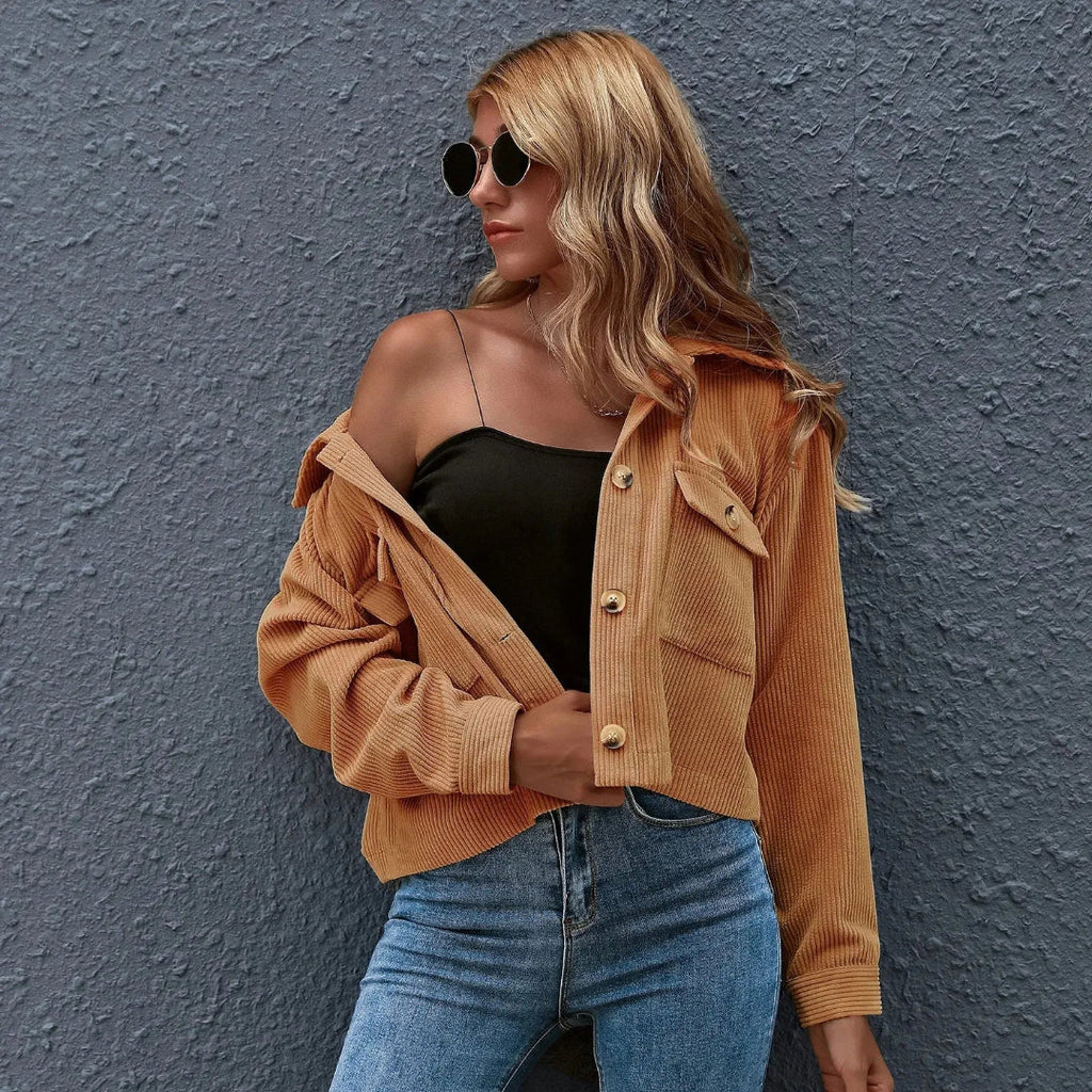 Cropped Corduroy Collared Jacket Camel