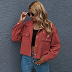 Cropped Corduroy Collared Jacket Red Brown