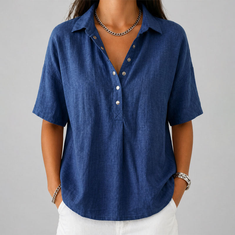 Chloe | Women's Loose-Fit Short Sleeve Henley Top-MODAUTLET