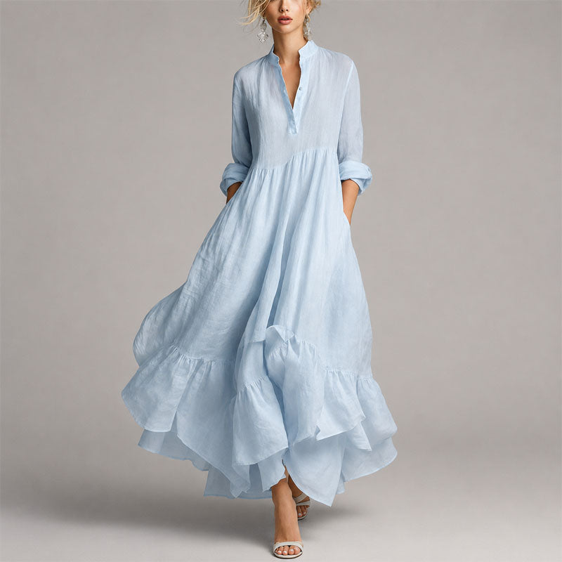 Chloe | Women's V-Neck Long Sleeve Ruffle Hem Maxi Dress Blue
