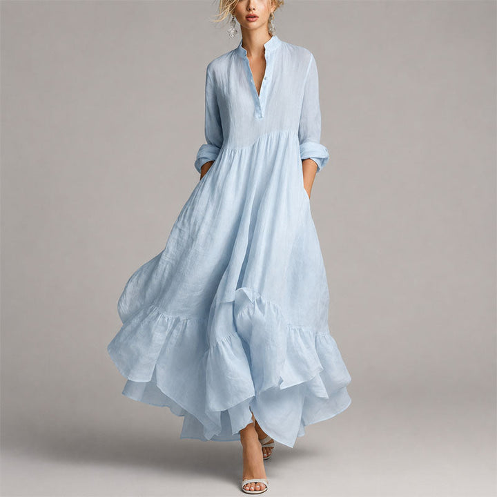 Chloe | Women's V-Neck Long Sleeve Ruffle Hem Maxi Dress Blue